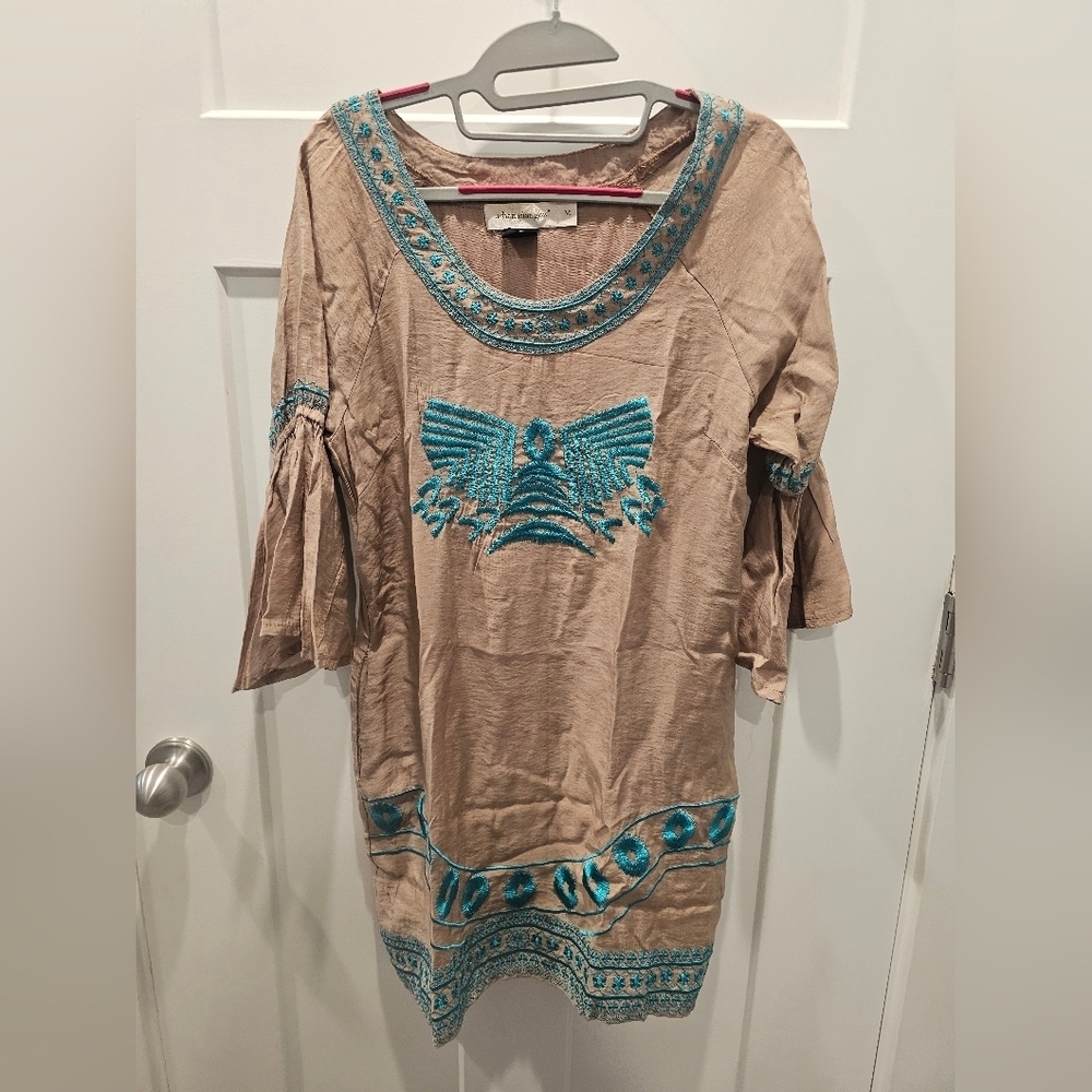 Urban Mangoz Embroidered Boho Tunic Dress Women’s M Beige w/ Turquoise Accents